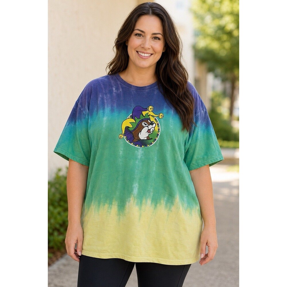 Buc-ee’s 2XL Mardi Gras Tie Dye T-Shirt Peace Love Graphic Blue Green Yellow